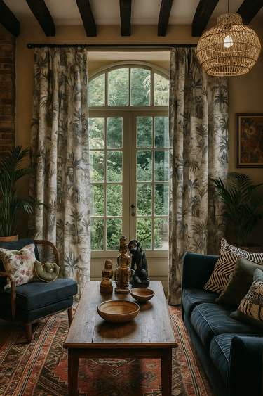 Elegant botanical window curtains with nature-inspired print, styled in boho living room with dark wood and earthy tones.